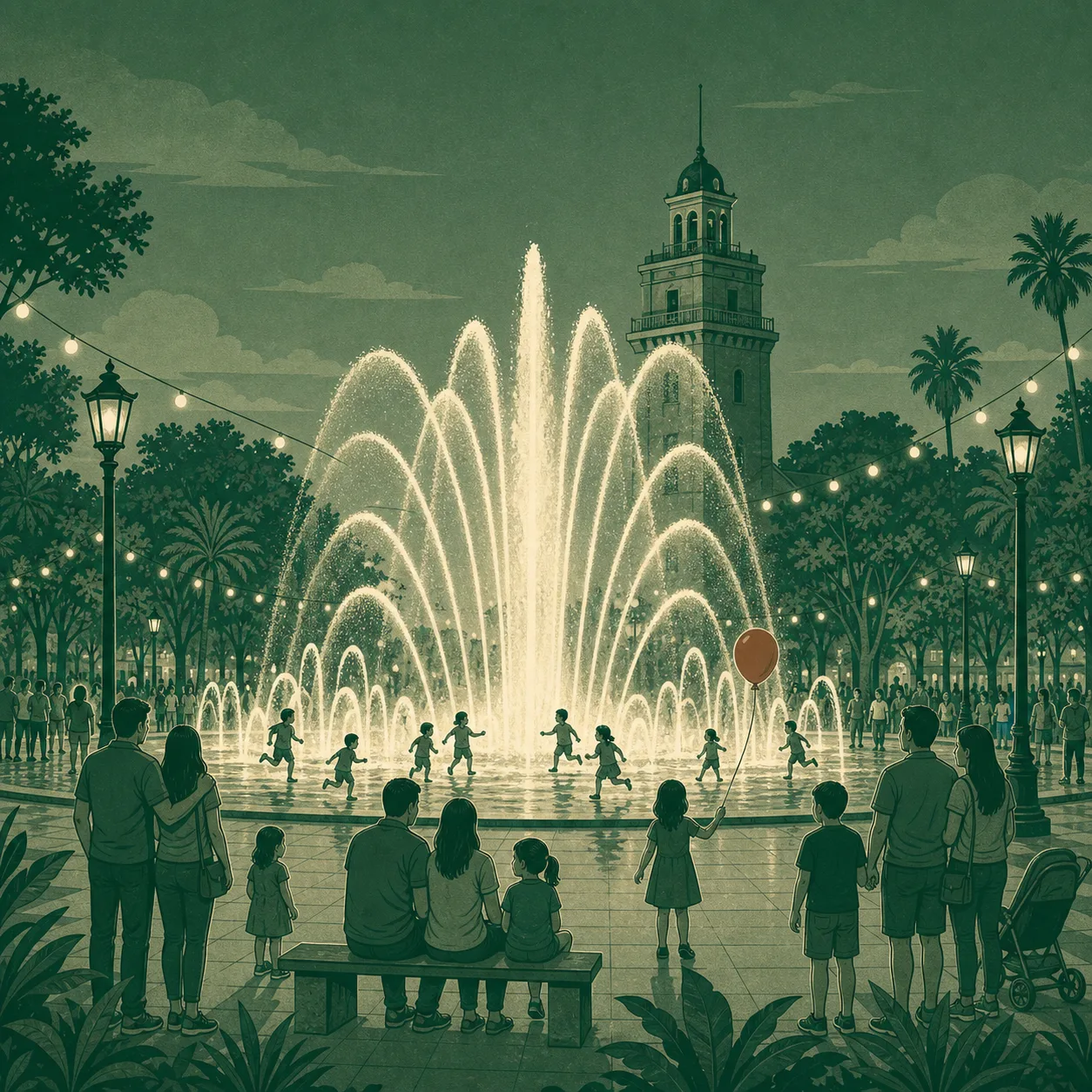 Ilustración del Circuito Mágico del Agua al anochecer
